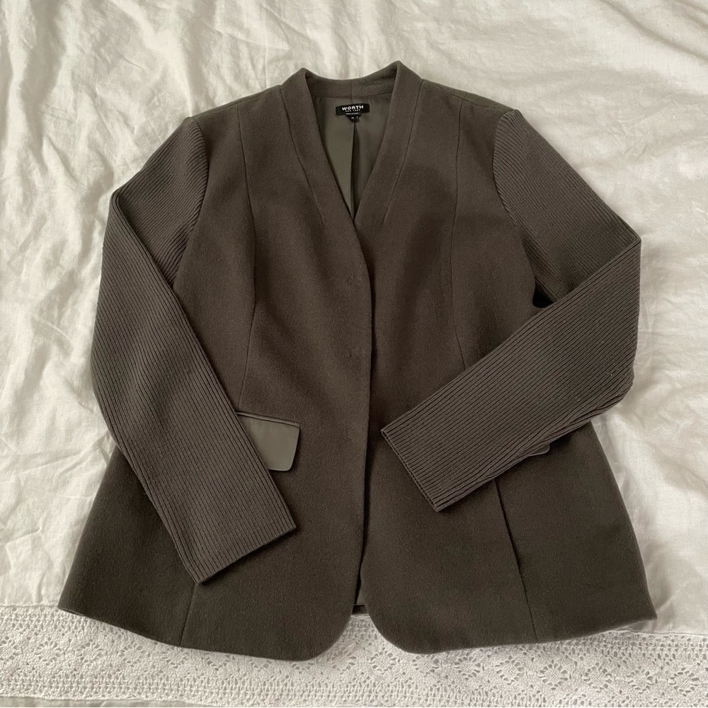 Worth New York MEDIUM Wool Cashmere Blend Snap Button Blazer Jacket Knit sleeves